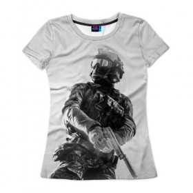 Женская футболка 3D с принтом Battlefield 4 в Петрозаводске, 100% полиэфир ( синтетическое хлопкоподобное полотно) | прямой крой, круглый вырез горловины, длина до линии бедер | battlefield | game | soldiers | weapons | воин | игра | игрок | оружие | солдат