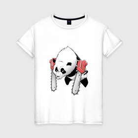 Женская футболка хлопок с принтом Панда - руки бензопилы в Петрозаводске, 100% хлопок | прямой крой, круглый вырез горловины, длина до линии бедер, слегка спущенное плечо | бамбук | бамбуковый медведь | бензопила | животное | злость | красная книга | кунгфу | лапы | мишка | опасный | оскал | панда | пила | прикольный | тростник | эвкалипт | япония | ярость
