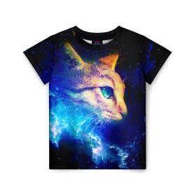 Детская футболка 3D с принтом Звездный кот в Петрозаводске, 100% гипоаллергенный полиэфир | прямой крой, круглый вырез горловины, длина до линии бедер, чуть спущенное плечо, ткань немного тянется | звезды | кот | мордочка | темный