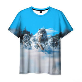 Мужская футболка 3D с принтом Волчья охота в Петрозаводске, 100% полиэфир | прямой крой, круглый вырез горловины, длина до линии бедер | бирюк | волк | волчара | волчица | волчок | глаза | животное | животные | зверь | зима | злость | картина | койот | рисунок | санитар леса | серый | снег | стая | три | хищник | цветной | шакал