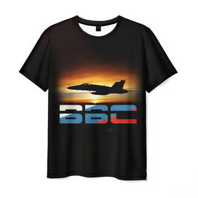 Мужская футболка 3D с принтом Истребитель ВВС на закате в Петрозаводске, 100% полиэфир | прямой крой, круглый вырез горловины, длина до линии бедер | Тематика изображения на принте: самолет