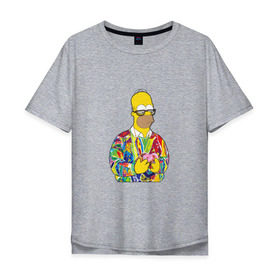 Мужская футболка хлопок Oversize с принтом Homer в Петрозаводске, 100% хлопок | свободный крой, круглый ворот, “спинка” длиннее передней части | bart | homer | simpsons | барт | гомер | еда | мультфильм | отец | папа | пончик | радуга | симпсоны | спрингфилд | хиппи | цвет