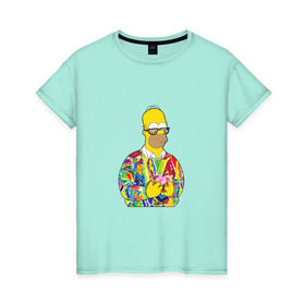 Женская футболка хлопок с принтом Homer в Петрозаводске, 100% хлопок | прямой крой, круглый вырез горловины, длина до линии бедер, слегка спущенное плечо | bart | homer | simpsons | барт | гомер | еда | мультфильм | отец | папа | пончик | радуга | симпсоны | спрингфилд | хиппи | цвет