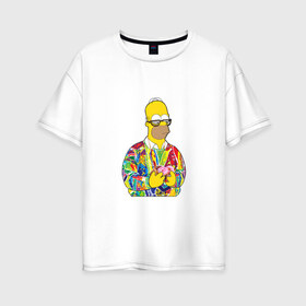 Женская футболка хлопок Oversize с принтом Homer в Петрозаводске, 100% хлопок | свободный крой, круглый ворот, спущенный рукав, длина до линии бедер
 | bart | homer | simpsons | барт | гомер | еда | мультфильм | отец | папа | пончик | радуга | симпсоны | спрингфилд | хиппи | цвет