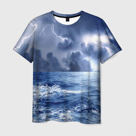 Мужская футболка 3D с принтом Шторм в Петрозаводске, 100% полиэфир | прямой крой, круглый вырез горловины, длина до линии бедер | Тематика изображения на принте: брызги | буря | вода | волны | гроза | капли | красивое | молния | море | непогода | океан | природа | синее | стихия | тучи