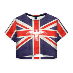 Женская футболка 3D укороченная с принтом Флаг Англии с белым орлом в Петрозаводске, 100% полиэстер | круглая горловина, длина футболки до линии талии, рукава с отворотами | london | англия | белый | брызги | великобритания | империя | клякса | крылья | лондон | необычный | объеденное королевство | орел | птица | символ | сокол | туманный альбион | флаг