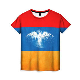 Женская футболка 3D с принтом Флаг Армении с белым орлом в Петрозаводске, 100% полиэфир ( синтетическое хлопкоподобное полотно) | прямой крой, круглый вырез горловины, длина до линии бедер | айастан | армения | белый | босеан | брызги | ереван | знамя | империя | клякса | крылья | кумач | необычный | орел | пойс | птица | символ | сокол | стяг | флаг | хайастан | штандарт