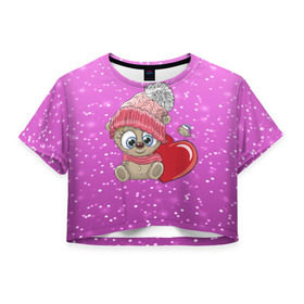 Женская футболка 3D укороченная с принтом Teddy baby в Петрозаводске, 100% полиэстер | круглая горловина, длина футболки до линии талии, рукава с отворотами | 3d | арт | блеск | зима | квадратики | кубики | медведь | милые | плюшевый | сердечки | тедди | текстура
