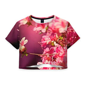 Женская футболка 3D укороченная с принтом Сакура в Петрозаводске, 100% полиэстер | круглая горловина, длина футболки до линии талии, рукава с отворотами | Тематика изображения на принте: 3d | flower | nature | pink | sakura | весна | деревья | природа | розовый | сакура | цветы | япония