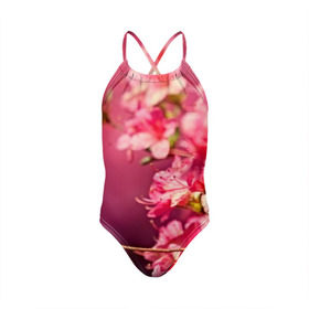 Детский купальник 3D с принтом Сакура в Петрозаводске, Полиэстер 85%, Спандекс 15% | Слитный крой, подклад по переду изделия, узкие бретели | 3d | flower | nature | pink | sakura | весна | деревья | природа | розовый | сакура | цветы | япония