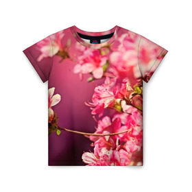 Детская футболка 3D с принтом Сакура в Петрозаводске, 100% гипоаллергенный полиэфир | прямой крой, круглый вырез горловины, длина до линии бедер, чуть спущенное плечо, ткань немного тянется | Тематика изображения на принте: 3d | flower | nature | pink | sakura | весна | деревья | природа | розовый | сакура | цветы | япония
