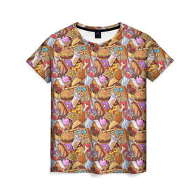Женская футболка 3D с принтом Фастфуд в Петрозаводске, 100% полиэфир ( синтетическое хлопкоподобное полотно) | прямой крой, круглый вырез горловины, длина до линии бедер | бурито | вкусняшка | вок | гамбургер | еда я люблю тебя | жарить | жир | курица | лапша | макдак | мороженое | нагетсы | пицца | пончики | салями | смайл | фри | хотдог | шаурма