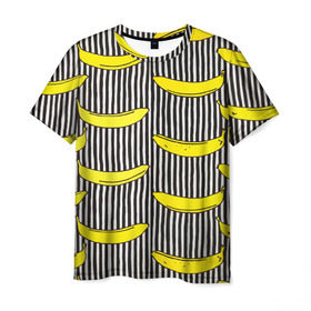Мужская футболка 3D с принтом Бананы на Полосатом Фоне в Петрозаводске, 100% полиэфир | прямой крой, круглый вырез горловины, длина до линии бедер | банана | бананчик | вкусный | желтый | спелый | фрукт