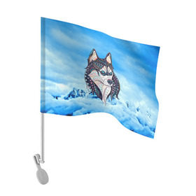 Флаг для автомобиля с принтом Siberian Husky в Петрозаводске, 100% полиэстер | Размер: 30*21 см | at | bowwow | dog | hound | pooch | арт | гончая | гончая собака | горы | деревья | лес | снег | собака | хаски | холод