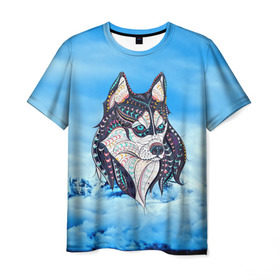 Мужская футболка 3D с принтом Siberian Husky в Петрозаводске, 100% полиэфир | прямой крой, круглый вырез горловины, длина до линии бедер | at | bowwow | dog | hound | pooch | арт | гончая | гончая собака | горы | деревья | лес | снег | собака | хаски | холод