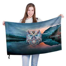 Флаг 3D с принтом Сова в Петрозаводске, 100% полиэстер | плотность ткани — 95 г/м2, размер — 67 х 109 см. Принт наносится с одной стороны | birds | животные | ночь | озеро | полуночник | природа | птица | река | сова | сыч | филин