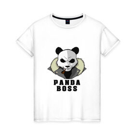 Женская футболка хлопок с принтом Panda Boss в Петрозаводске, 100% хлопок | прямой крой, круглый вырез горловины, длина до линии бедер, слегка спущенное плечо | банда | большой | босс | важный | главарь | главный | директор | крутой | круче всех | лидер | мех | панда | россия | русский | самый | супер | трубка | шуба