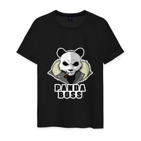 Мужская футболка хлопок с принтом Panda Boss в Петрозаводске, 100% хлопок | прямой крой, круглый вырез горловины, длина до линии бедер, слегка спущенное плечо. | банда | большой | босс | важный | главарь | главный | директор | крутой | круче всех | лидер | мех | панда | россия | русский | самый | супер | трубка | шуба