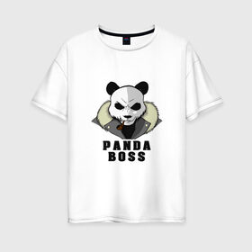 Женская футболка хлопок Oversize с принтом Panda Boss в Петрозаводске, 100% хлопок | свободный крой, круглый ворот, спущенный рукав, длина до линии бедер
 | банда | большой | босс | важный | главарь | главный | директор | крутой | круче всех | лидер | мех | панда | россия | русский | самый | супер | трубка | шуба