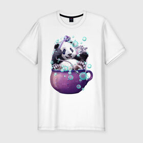 Мужская футболка премиум с принтом Панда в Петрозаводске, 92% хлопок, 8% лайкра | приталенный силуэт, круглый вырез ворота, длина до линии бедра, короткий рукав | арт | ванная | пена | пузыри | рисунок