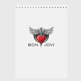 Скетчбук с принтом Bon Jovi в Петрозаводске, 100% бумага
 | 48 листов, плотность листов — 100 г/м2, плотность картонной обложки — 250 г/м2. Листы скреплены сверху удобной пружинной спиралью | its my life | бон жови | джон бон джови | кровь | меч | сердце