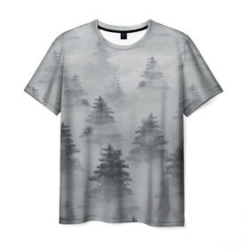 Мужская футболка 3D с принтом Туманный лес в Петрозаводске, 100% полиэфир | прямой крой, круглый вырез горловины, длина до линии бедер | Тематика изображения на принте: бор | вечер | деревья | елка | еловый | ель | загадочный | земля | зима | лес | мрачный | необычный | природа | серый | сибирь | снег | тайга | туман | хвойный