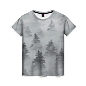 Женская футболка 3D с принтом Туманный лес в Петрозаводске, 100% полиэфир ( синтетическое хлопкоподобное полотно) | прямой крой, круглый вырез горловины, длина до линии бедер | бор | вечер | деревья | елка | еловый | ель | загадочный | земля | зима | лес | мрачный | необычный | природа | серый | сибирь | снег | тайга | туман | хвойный