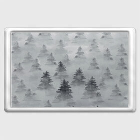 Магнит 45*70 с принтом Туманный лес в Петрозаводске, Пластик | Размер: 78*52 мм; Размер печати: 70*45 | Тематика изображения на принте: бор | вечер | деревья | елка | еловый | ель | загадочный | земля | зима | лес | мрачный | необычный | природа | серый | сибирь | снег | тайга | туман | хвойный