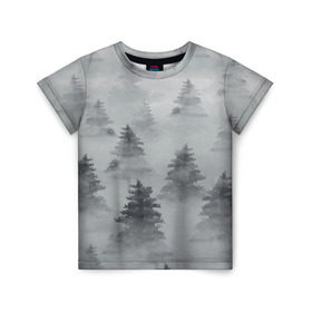 Детская футболка 3D с принтом Туманный лес в Петрозаводске, 100% гипоаллергенный полиэфир | прямой крой, круглый вырез горловины, длина до линии бедер, чуть спущенное плечо, ткань немного тянется | бор | вечер | деревья | елка | еловый | ель | загадочный | земля | зима | лес | мрачный | необычный | природа | серый | сибирь | снег | тайга | туман | хвойный