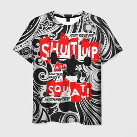 Мужская футболка 3D с принтом Powerlifting shut up and squat в Петрозаводске, 100% полиэфир | прямой крой, круглый вырез горловины, длина до линии бедер | Тематика изображения на принте: powerlifting | shut up and squat | пауэрлифтинг