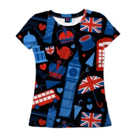 Женская футболка 3D с принтом Великобритания в Петрозаводске, 100% полиэфир ( синтетическое хлопкоподобное полотно) | прямой крой, круглый вырез горловины, длина до линии бедер | красный | лондон | паттерн | черный