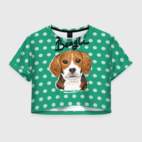 Женская футболка 3D укороченная с принтом Бигль в Петрозаводске, 100% полиэстер | круглая горловина, длина футболки до линии талии, рукава с отворотами | beagle | арт | гончая | горошек | животное | кружочек | пес | собака | текстура