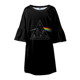 Детское платье 3D с принтом Pink Floyd Make Rainbow в Петрозаводске, 100% полиэстер | прямой силуэт, чуть расширенный к низу. Круглая горловина, на рукавах — воланы | Тематика изображения на принте: англия | басы | британия | гитара | группа | логотип | музыка | песни | пинк флойд | призма | радуга | рок | свет