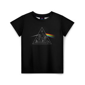 Детская футболка 3D с принтом Pink Floyd Make Rainbow в Петрозаводске, 100% гипоаллергенный полиэфир | прямой крой, круглый вырез горловины, длина до линии бедер, чуть спущенное плечо, ткань немного тянется | Тематика изображения на принте: англия | басы | британия | гитара | группа | логотип | музыка | песни | пинк флойд | призма | радуга | рок | свет