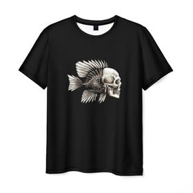 Мужская футболка 3D с принтом Рыба Скелет в Петрозаводске, 100% полиэфир | прямой крой, круглый вырез горловины, длина до линии бедер | анатомия | кости | море | плавники | принт | рисунок | рыбный | рыбы | тату | ужас | хвост | череп | черный | чешуя