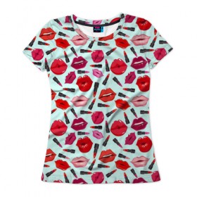 Женская футболка 3D с принтом Губы в Петрозаводске, 100% полиэфир ( синтетическое хлопкоподобное полотно) | прямой крой, круглый вырез горловины, длина до линии бедер | губы | помада | поцелуй