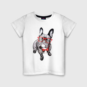 Детская футболка хлопок с принтом Бульдог в Петрозаводске, 100% хлопок | круглый вырез горловины, полуприлегающий силуэт, длина до линии бедер | bulldog | dog | бабочка | бульдог в очках | в очках | дог | очки | собака
