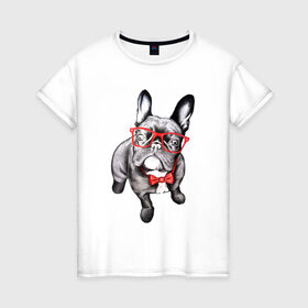 Женская футболка хлопок с принтом Бульдог в Петрозаводске, 100% хлопок | прямой крой, круглый вырез горловины, длина до линии бедер, слегка спущенное плечо | bulldog | dog | бабочка | бульдог в очках | в очках | дог | очки | собака