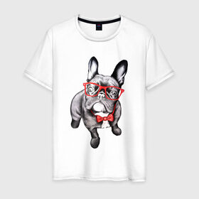 Мужская футболка хлопок с принтом Бульдог в Петрозаводске, 100% хлопок | прямой крой, круглый вырез горловины, длина до линии бедер, слегка спущенное плечо. | bulldog | dog | бабочка | бульдог в очках | в очках | дог | очки | собака