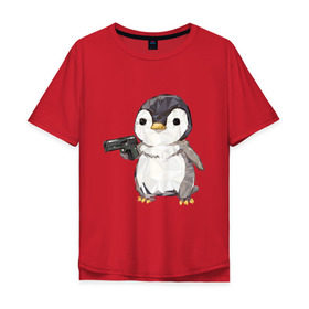 Мужская футболка хлопок Oversize с принтом Пингвин с пистолетом в Петрозаводске, 100% хлопок | свободный крой, круглый ворот, “спинка” длиннее передней части | 