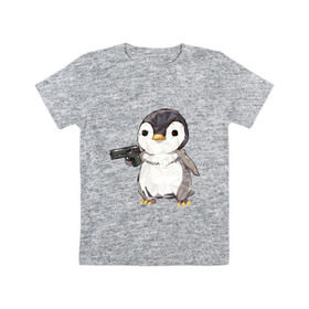 Детская футболка хлопок с принтом Пингвин с пистолетом в Петрозаводске, 100% хлопок | круглый вырез горловины, полуприлегающий силуэт, длина до линии бедер | 