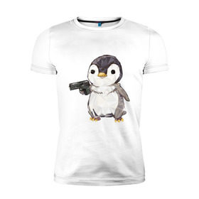 Мужская футболка премиум с принтом Пингвин с пистолетом в Петрозаводске, 92% хлопок, 8% лайкра | приталенный силуэт, круглый вырез ворота, длина до линии бедра, короткий рукав | Тематика изображения на принте: 