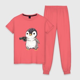 Женская пижама хлопок с принтом Пингвин с пистолетом в Петрозаводске, 100% хлопок | брюки и футболка прямого кроя, без карманов, на брюках мягкая резинка на поясе и по низу штанин | 