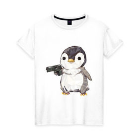 Женская футболка хлопок с принтом Пингвин с пистолетом в Петрозаводске, 100% хлопок | прямой крой, круглый вырез горловины, длина до линии бедер, слегка спущенное плечо | 