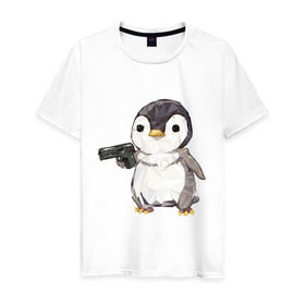 Мужская футболка хлопок с принтом Пингвин с пистолетом в Петрозаводске, 100% хлопок | прямой крой, круглый вырез горловины, длина до линии бедер, слегка спущенное плечо. | 