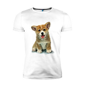 Мужская футболка премиум с принтом Коржик в Петрозаводске, 92% хлопок, 8% лайкра | приталенный силуэт, круглый вырез ворота, длина до линии бедра, короткий рукав | corgi | dog | korgi | вельш корги | дог | кардиган | корги | пемброк | собака | щенок