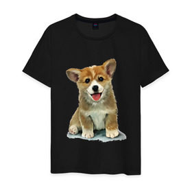 Мужская футболка хлопок с принтом Коржик в Петрозаводске, 100% хлопок | прямой крой, круглый вырез горловины, длина до линии бедер, слегка спущенное плечо. | corgi | dog | korgi | вельш корги | дог | кардиган | корги | пемброк | собака | щенок