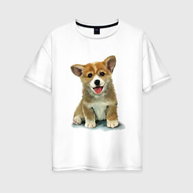 Женская футболка хлопок Oversize с принтом Коржик в Петрозаводске, 100% хлопок | свободный крой, круглый ворот, спущенный рукав, длина до линии бедер
 | Тематика изображения на принте: corgi | dog | korgi | вельш корги | дог | кардиган | корги | пемброк | собака | щенок