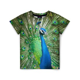 Детская футболка 3D с принтом Павлин в Петрозаводске, 100% гипоаллергенный полиэфир | прямой крой, круглый вырез горловины, длина до линии бедер, чуть спущенное плечо, ткань немного тянется | Тематика изображения на принте: павлин | перо