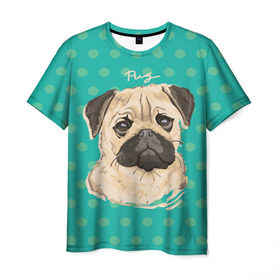 Мужская футболка 3D с принтом Мопсик в Петрозаводске, 100% полиэфир | прямой крой, круглый вырез горловины, длина до линии бедер | dog | pug | арт | животное | кружочки | мопс | пес | собака | текстура